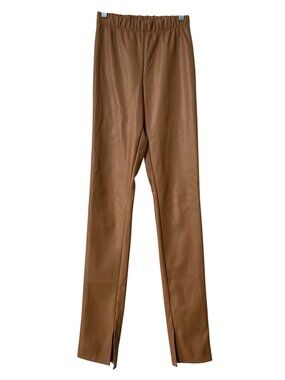 Goldie London Faux Leather Pant XS Pull On Elastic Waist Split Hem Tan Retro Y2K